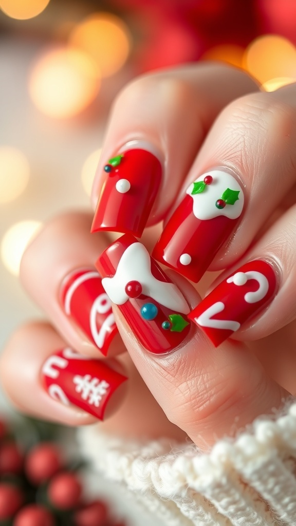 Close-up of Christmas cake nails with red base, white icing, and colorful decorations.
